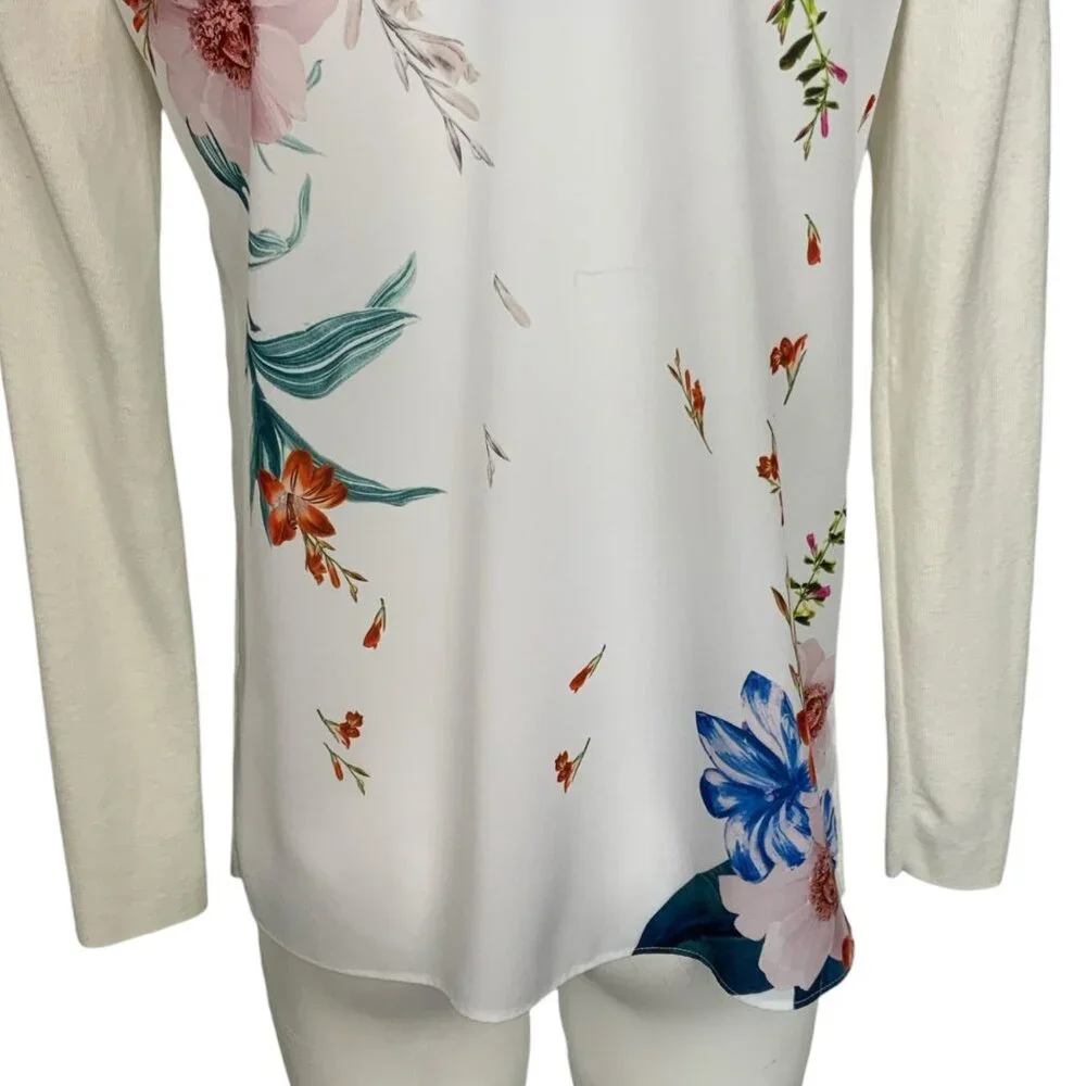Ted Baker Cream Floral-Back Cardigan with Pastel Stripe Trim, Size 1